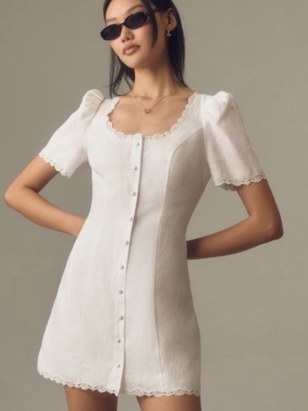 Reformation White Lace-Trim Button Mini Dress